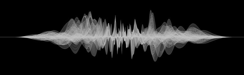 Abstract white wireframe sound waves, visualization of frequency signals audio wavelengths, futuristic technology waveform black background rendering with copy space for text