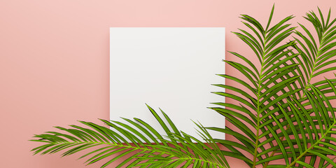 Square invitation card mockup with palm leaf on pink table. Top view square mock up with green palm leaves. Invitation square card mockup