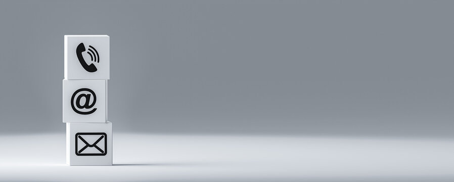 Website and Internet contact us page concept with phone, email, mail icons. symbol telephone, mail, address. Website page contact us. web banner, copy space, grey background