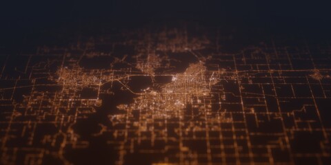 Street lights map of Lake Charles (Louisiana, USA) with tilt-shift effect, view from south. Imitation of macro shot with blurred background. 3d render, selective focus