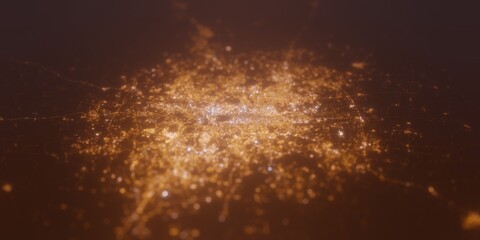 Street lights map of Hyderabad (India) with tilt-shift effect, view from west. Imitation of macro shot with blurred background. 3d render, selective focus