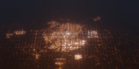 Street lights map of Edmonton (Canada) with tilt-shift effect, view from south. Imitation of macro shot with blurred background. 3d render, selective focus