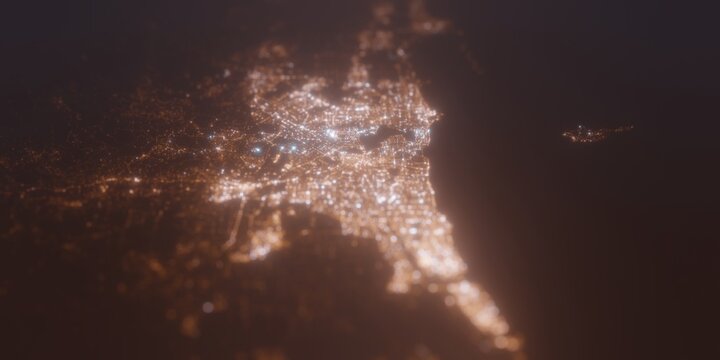 Street Lights Map Of Perth (Australia) With Tilt-shift Effect, View From North. Imitation Of Macro Shot With Blurred Background. 3d Render, Selective Focus