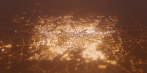 Street lights map of Kano (Nigeria) with tilt-shift effect, view from north. Imitation of macro shot with blurred background. 3d render, selective focus