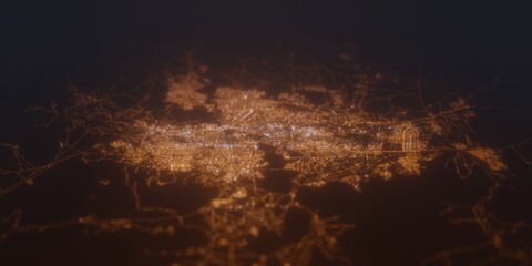 Street lights map of Kabul (Afghanistan) with tilt-shift effect, view from south. Imitation of macro shot with blurred background. 3d render, selective focus