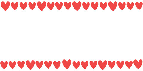 Vector cute background, frame of row of red hearts. Horizontal top and bottom edging, border, line, decoration for Valentine's day, love design