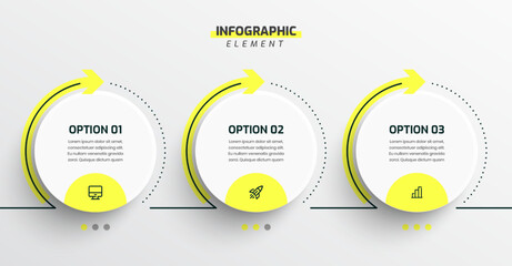Yellow Business Timeline Infographic Presentation with Circle Label Arrow 3 Option and Icon - obrazy, fototapety, plakaty