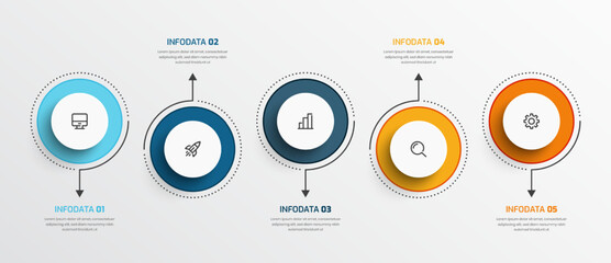 Business Infographic Template Presentation Design with Circle Label Arrow Icon and 5 Option