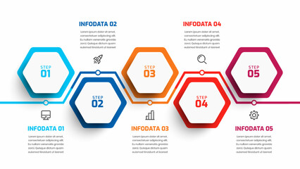 Business Infographic Template Creative Design with Hexagon Label Icon and 5 Steps for Presentation