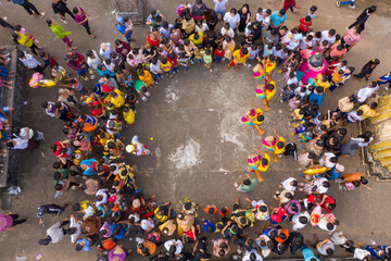 Drum dance performance (Xa Dam dance) of the Khmer people taken from above in Soc Trang, Vietnam