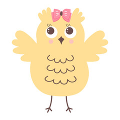 Cute funny owl with bow. Forest bird cartoon character.