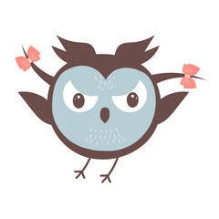 Cute funny angry owl with bows is flying. Forest bird cartoon character.