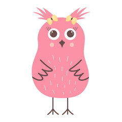Cute funny pink owl with bows. Forest bird cartoon character.