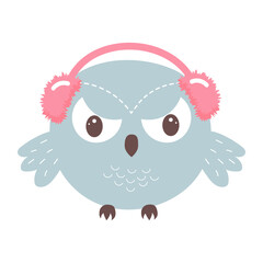 Cute funny dissatisfied owl in winter headphones. Forest bird cartoon character.