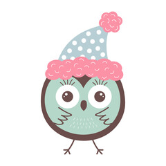 Cute funny round owl with big eyes in a hat. Forest bird cartoon character.