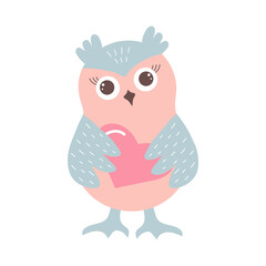Cute funny owl holding a heart. Forest bird cartoon character.