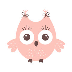 Cute funny pink owl with big eyes and bows. Forest bird cartoon character.