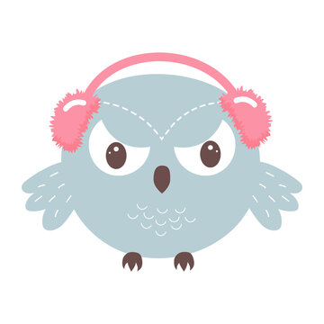 Cute funny dissatisfied owl in winter headphones. Forest bird cartoon character.