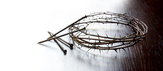 Rusty nails and a wreath of thorns at the cross