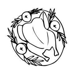 Doodle turkey on table. Thanksgiving day celebration dinner. Vector illustration