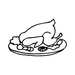 Doodle turkey on table. Thanksgiving day celebration dinner. Vector illustration