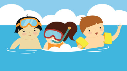 children swim and dive in the water