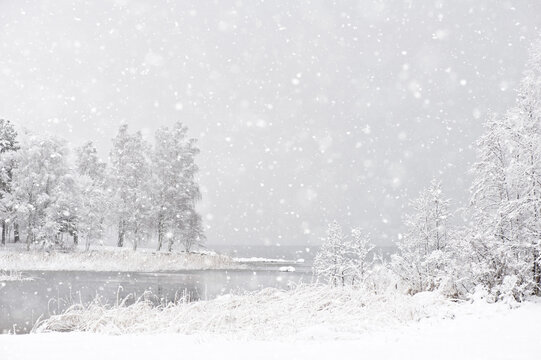Winter landscape. Snowfall by the lake. Ground and trees covered in snow.