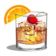 Fotobehang Old fashioned alcoholic drink in a glass goblet with ice cherry and orange on an isolated background © Guzal Arislanova