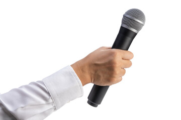Close up Reporter Hand, Hand Holding Microphone for speech or interview isolated on white...