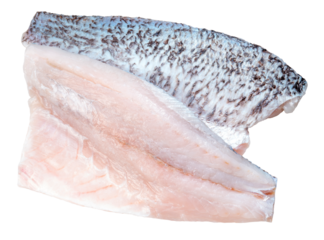 Fresh sea bass fillet sliced ready to cook, Fresh white striped bass fish on white background PNG file.