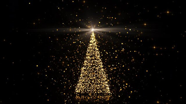 Merry Christmas greeting animated background. Christmas tree with shining light and glowing stars, 4K holiday intro