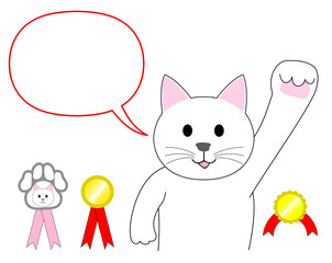 A white cat  raising hand with guts pose