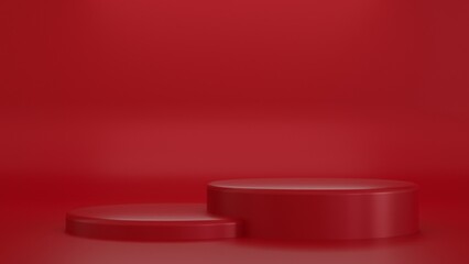 3d rendering red podium background. Minimal scene. Horizontal winter christmas red poster, flyer and greeting card.