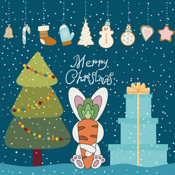 2023 year of the rabbit. Cute Christmas bunny at the Christmas tree with gifts. Vector illustration
