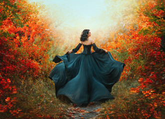 Fantasy woman goddess runs in autumn magic forest looks back. Long luxurious gothic black silk...