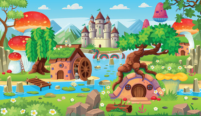 Obraz na płótnie Canvas Landscape with islands, mountains and a river and houses of hobbits and gnomes. Fantasy castle with towers on the island.Vector cartoon landscape with kingdom, islands, rocks, big lake and clouds.