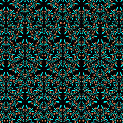 Floral oriental pattern of abstract muted orange flowers and blue leaves isolated on a black background