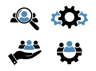 Research, customer retention, process and teamwork icon set in flat style Search man, progress, customer care and leadership symbols Black and blue business icon Vector illustration for graphic design