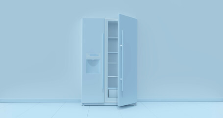 Cartoon-style concept. Conception Kitchen appliances in the monochrome single blue color room, 3d rendering, kitchen tools and machines, isolated 3d render