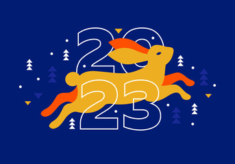 Festival or Chinese New Year 2023 modern art design. Chinese zodiac Rabbit symbol. Lunar New Year. Golden hare runs in winter forest. Abstract vector illustration in modern geometric minimalist style.