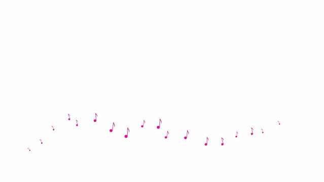 Animated pink notes fly from left to right. A wave of flying notes. Concept of music. Vector illustration isolated on the white background.