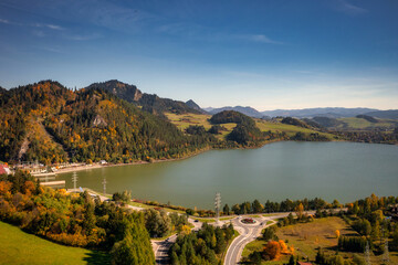 Beautiful landscape of Czorsztyn lake and Pieniny mountains in autumnal colors. Poland