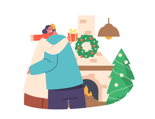 Happy Enamored Man And Woman Hugging Exchanging Festive Presents For Christmas. Smiling Couple Celebrating Holiday