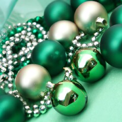 Green, gold and silver christmas tree decorations with baubles and ornamental string