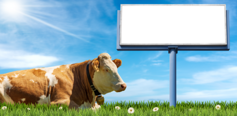 Blank metal billboard with copy space (white or transparent) and a brown and white dairy cow with cowbell on a green pasture, green grass, flowers, blue sky with clouds and sunbeams, png.