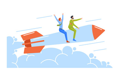 Cheerful Business Men Characters Flying Up by Rocket Engine. Office Workers Career Boost, Start Up Launch, Leadership