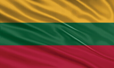 Lithuania flag design. Waving Lithuanian flag made of satin or silk fabric. Vector Illustration.