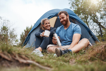 Love, couple and camp with tent, coffee and smile and with flask in nature and happy. Romance, man...