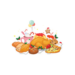 Naklejka premium Christmas party food vector isolated on white background. Chicken, pudding, juice and cookies vector. Perfect for coloring book, textiles, icon, web, painting, books, t-shirt print.