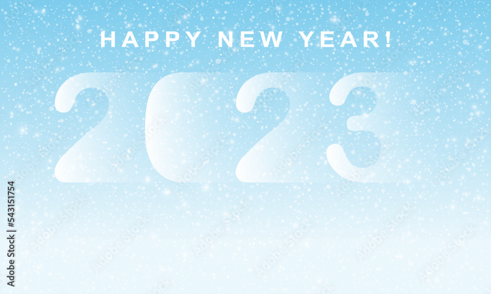 Poster New 2023 Year typography design. Minimal gradient shapes composition with snow.